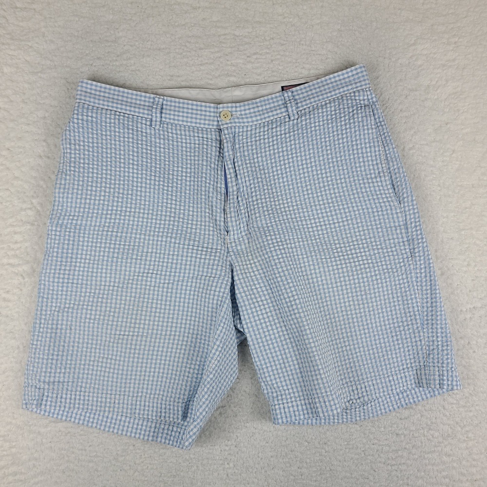 Vineyard Vines Club Shorts Mens 34 Blue Check 8" Inseam Seersucker Chino